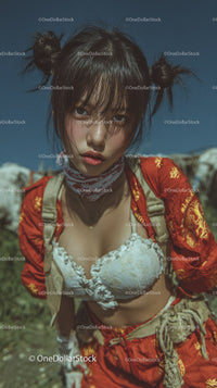 Young Woman in Edgy Red Suit and White Crop Top in Outdoor Setting