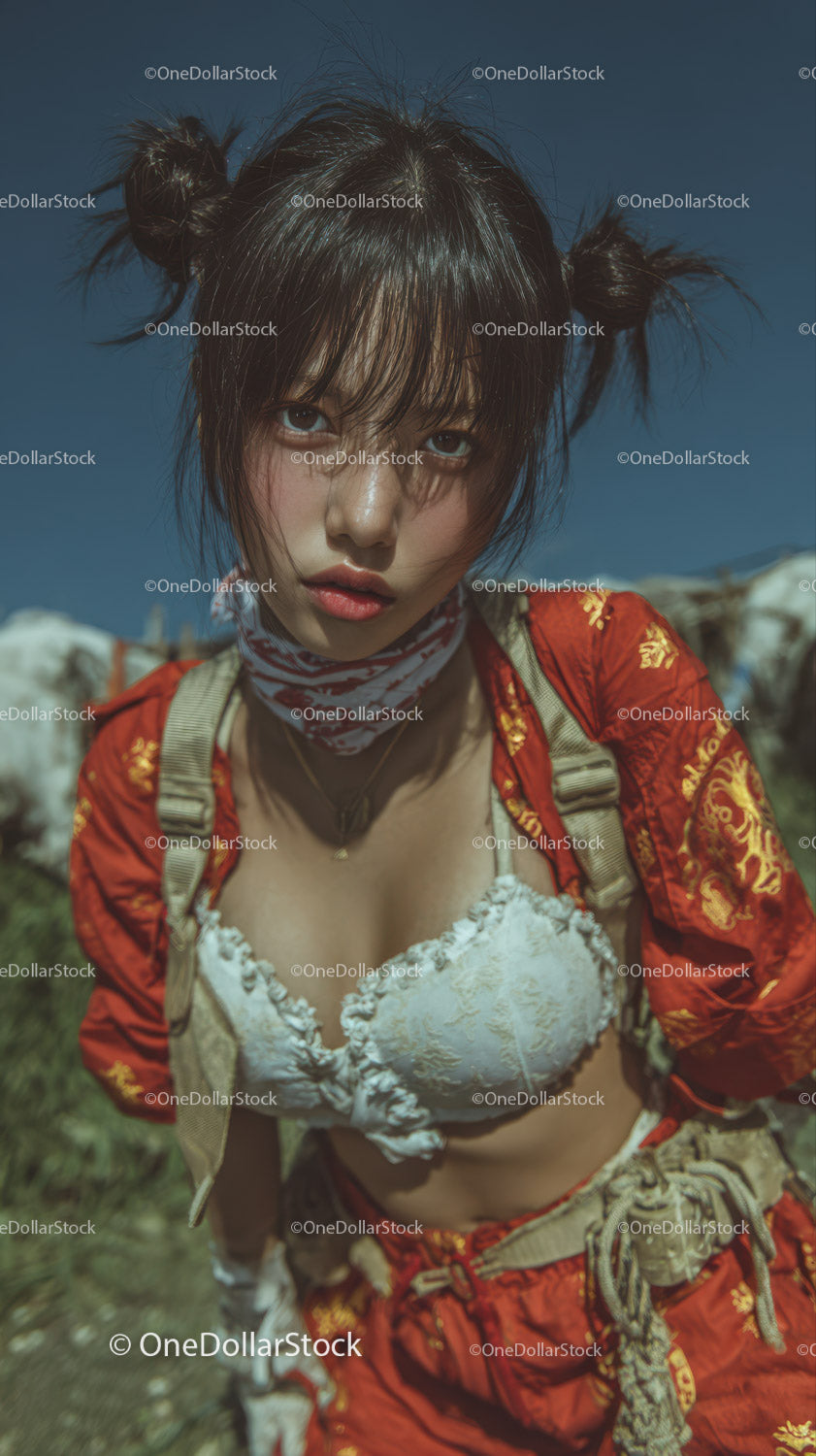 Young Woman in Edgy Red Suit and White Crop Top in Outdoor Setting