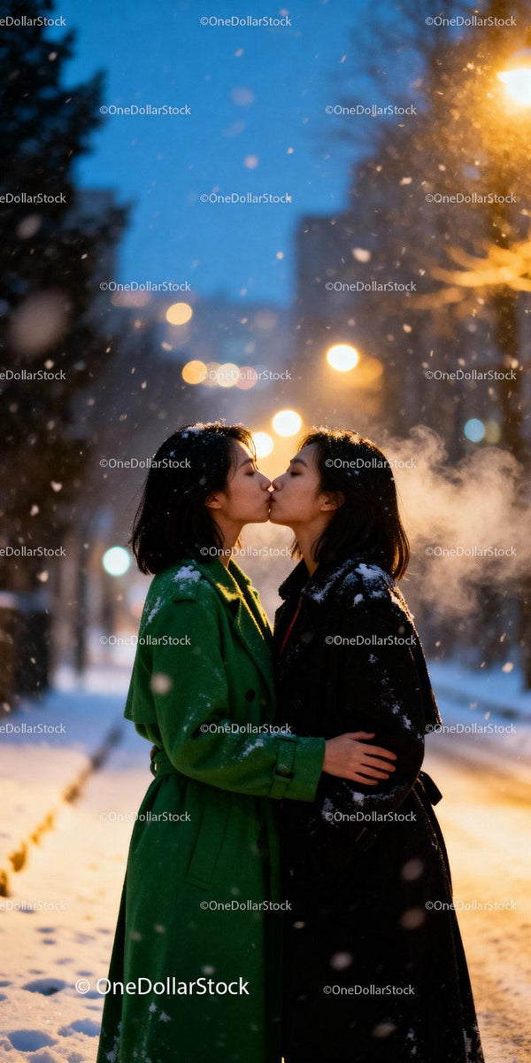 Couple Sharing a Tender Kiss on Snowy City Street