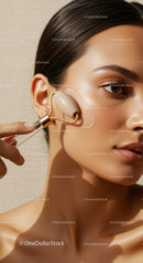 Young Woman Using Jade Roller on Cheek for Skincare and Facial Massage