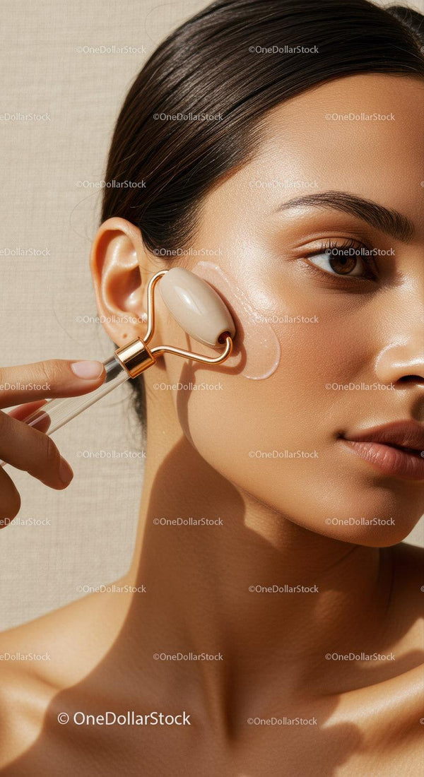 Young Woman Using Jade Roller on Cheek for Skincare and Facial Massage