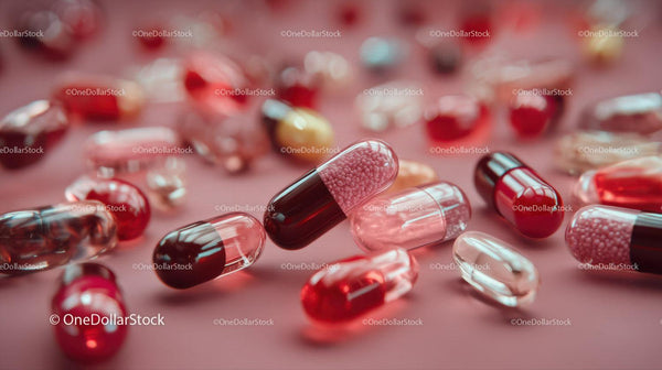 Red and Transparent Capsules with Gel Coating on Pink Background