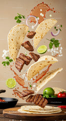 Flying grilled steak tacos with vibrant fresh ingredients