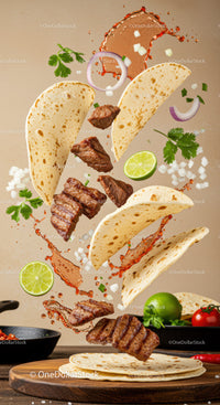Flying grilled steak tacos with vibrant fresh ingredients