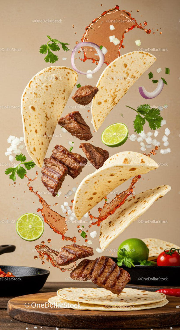 Flying grilled steak tacos with vibrant fresh ingredients