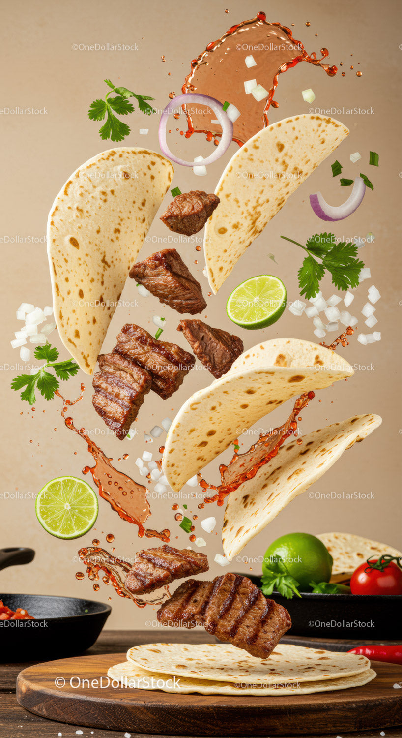 Flying grilled steak tacos with vibrant fresh ingredients