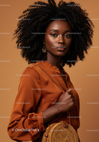 Elegant African American Woman in Brown Blouse and Stylish Earrings