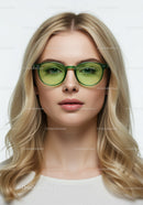 Fashionable Blonde Woman Wearing Green Sunglasses in Model Portrait