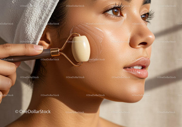 Close-up of Woman Using Facial Roller for Skin Rejuvenation