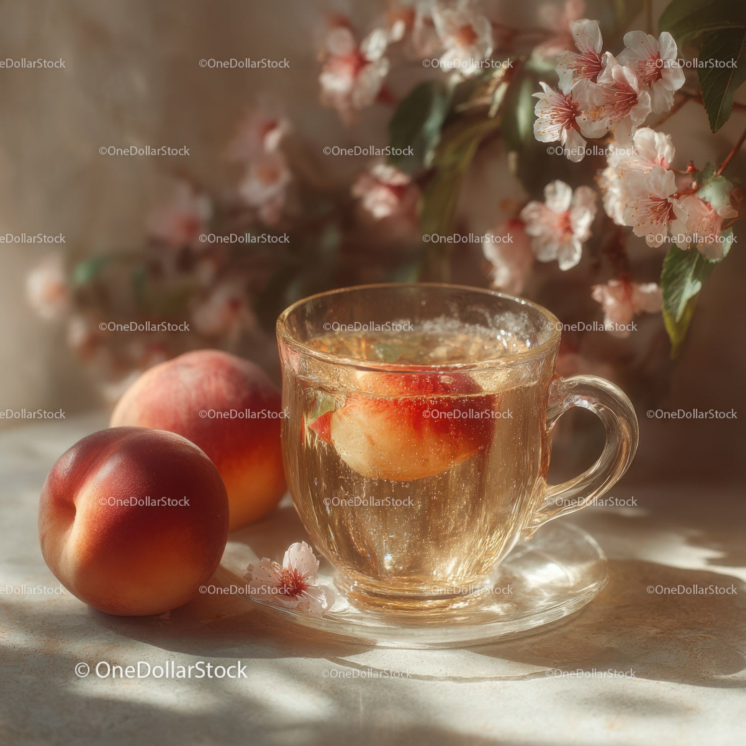 Glass Cup of Peach Infused Water with Peach Blossom and Peaches