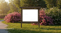 Blank wooden billboard in sunlit park with blooming roses