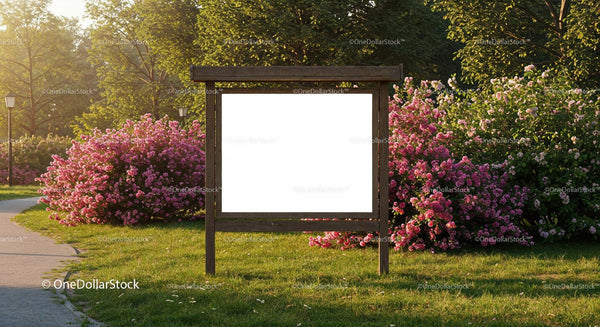 Blank wooden billboard in sunlit park with blooming roses JPG Mockup Image
