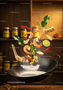 Fresh Thai Ingredients Tossed in Hot Wok with Shrimp