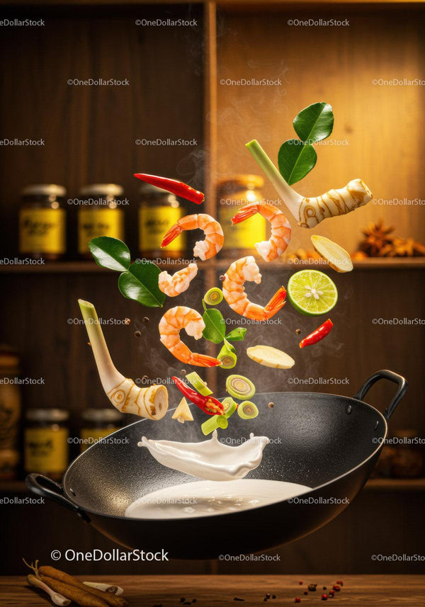 Fresh Thai Ingredients Tossed in Hot Wok with Shrimp
