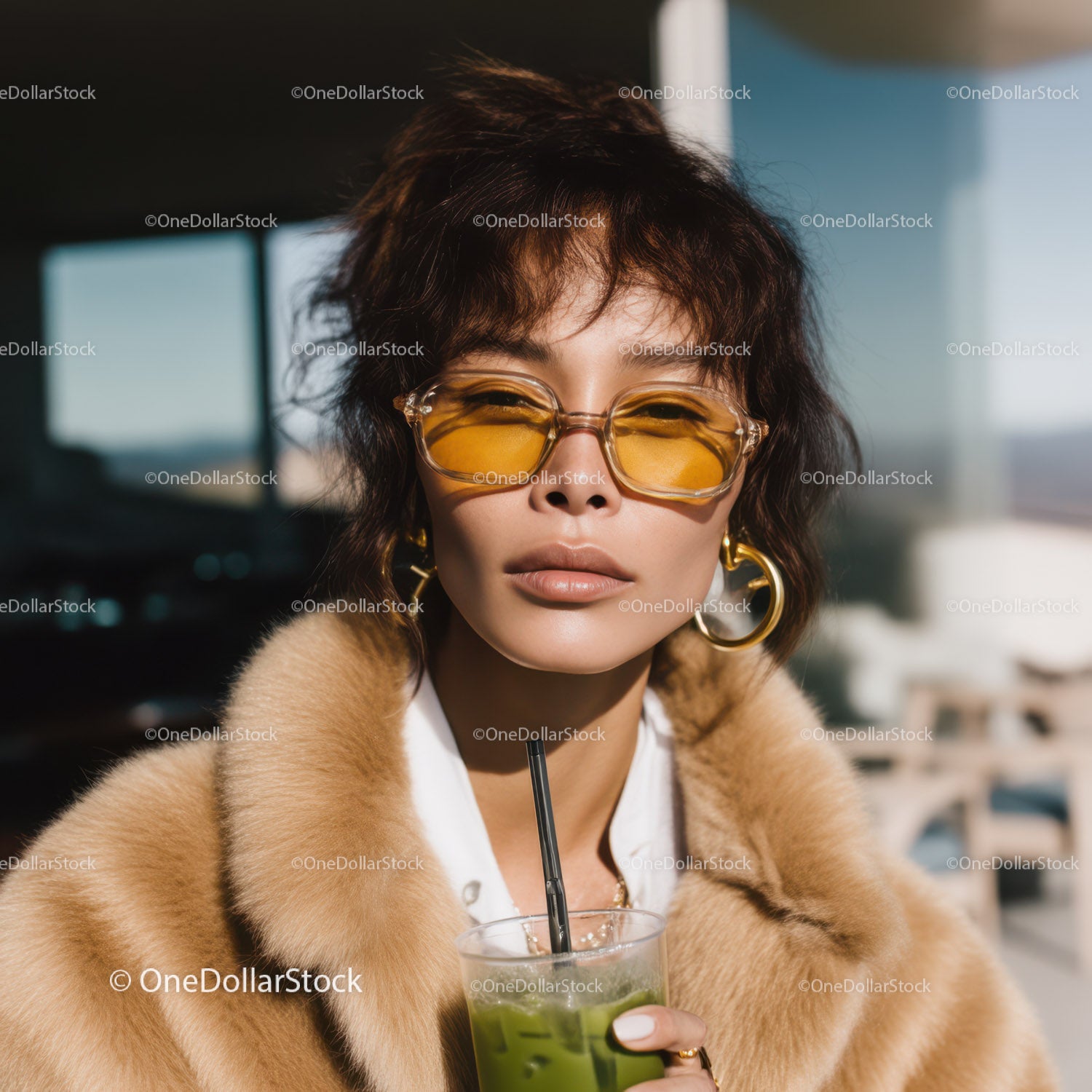 Stylish Woman in Fur Coat and Sunglasses with City Background