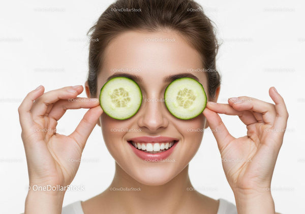 Smiling Woman With Cucumber Slices Over Eyes For Fresh Skincare