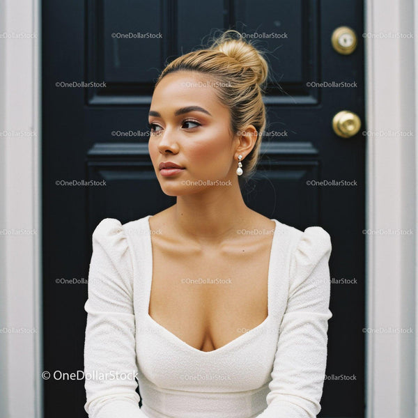 Thoughtful young woman in white dress by black door