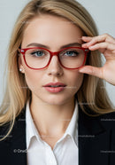 Confident Young Woman Wearing Red Eyeglasses in Business Attire