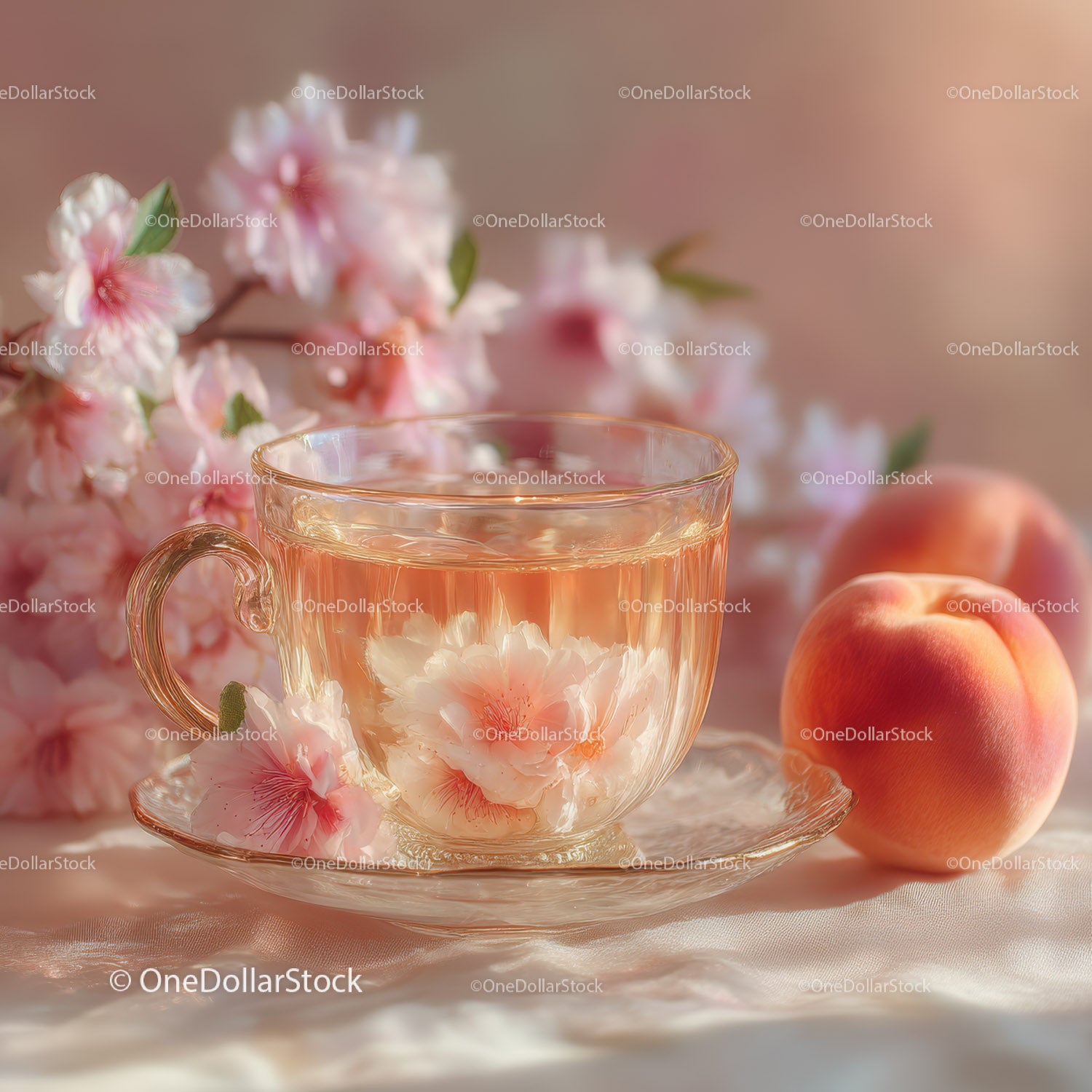 Peach Juice in Glass Teacup with Cherry Blossoms and Fresh Peaches