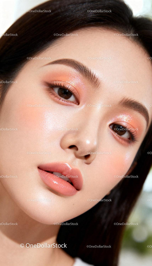 Close up of woman with glossy peach makeup look