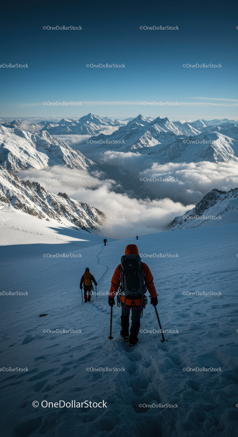 Mountain Climbing Expedition in Snowy Alps with Scenery and Hikers