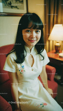 Young Woman Smiling in Cozy Vintage Living Room