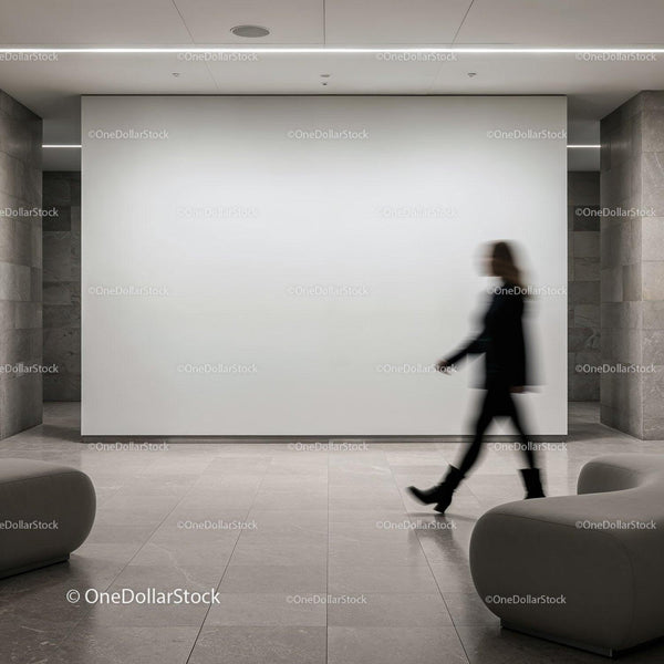 Blurred silhouette walking through modern gallery space JPG Mockup Image