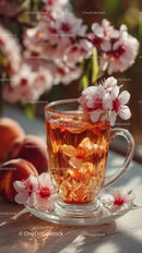 Peach Blossoms and Peaches in a Glass Cup on Sunlit Outdoor Table