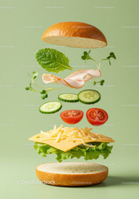 Fresh sandwich ingredients floating on green background