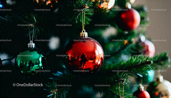 Close Up of Shiny Christmas Ornaments on Pine Tree