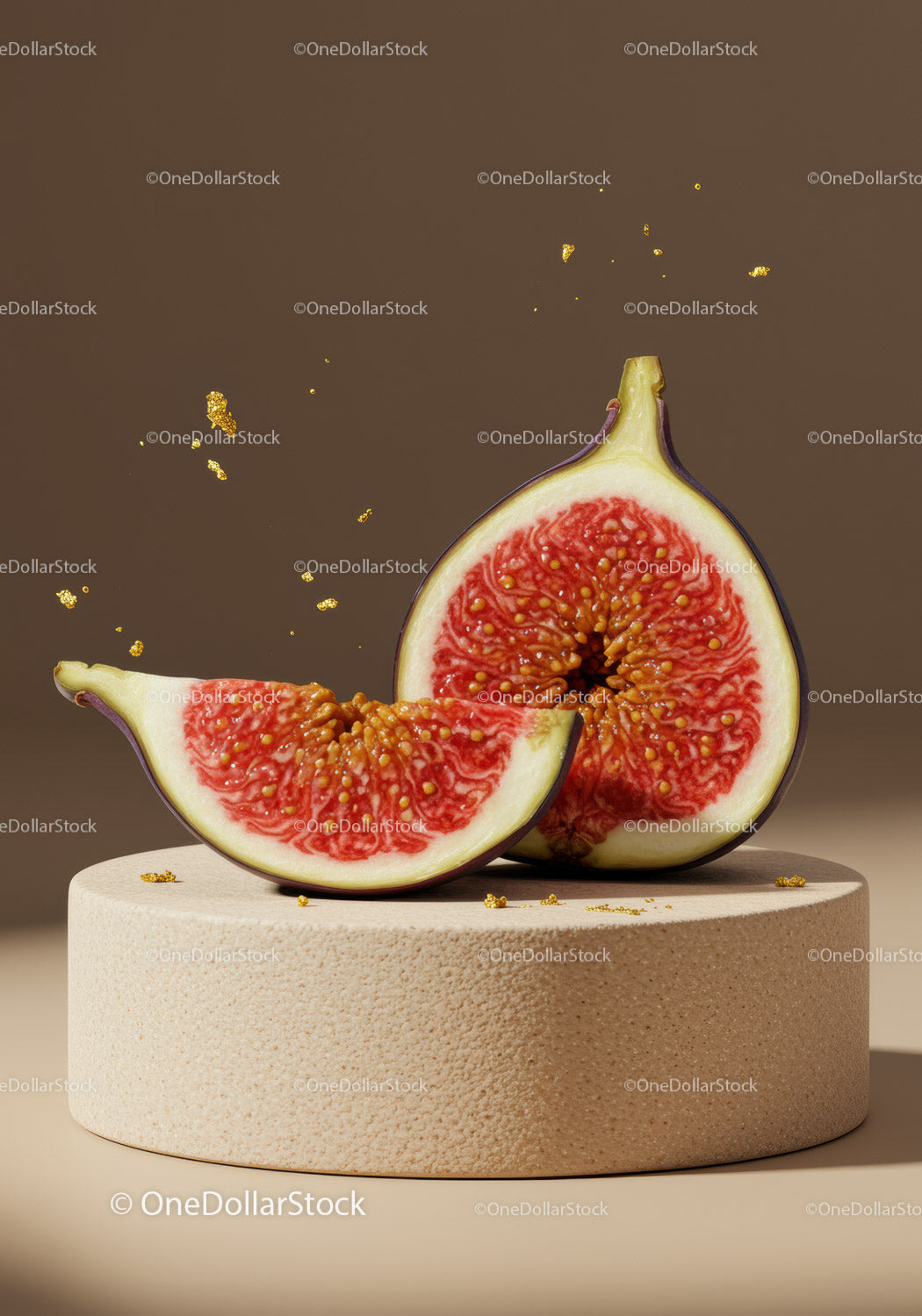 Fresh fig halves displayed on textured beige pedestal