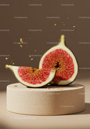 Fresh fig halves displayed on textured beige pedestal