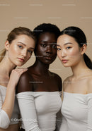 Diverse group of vibrant women with natural makeup and confident expressions