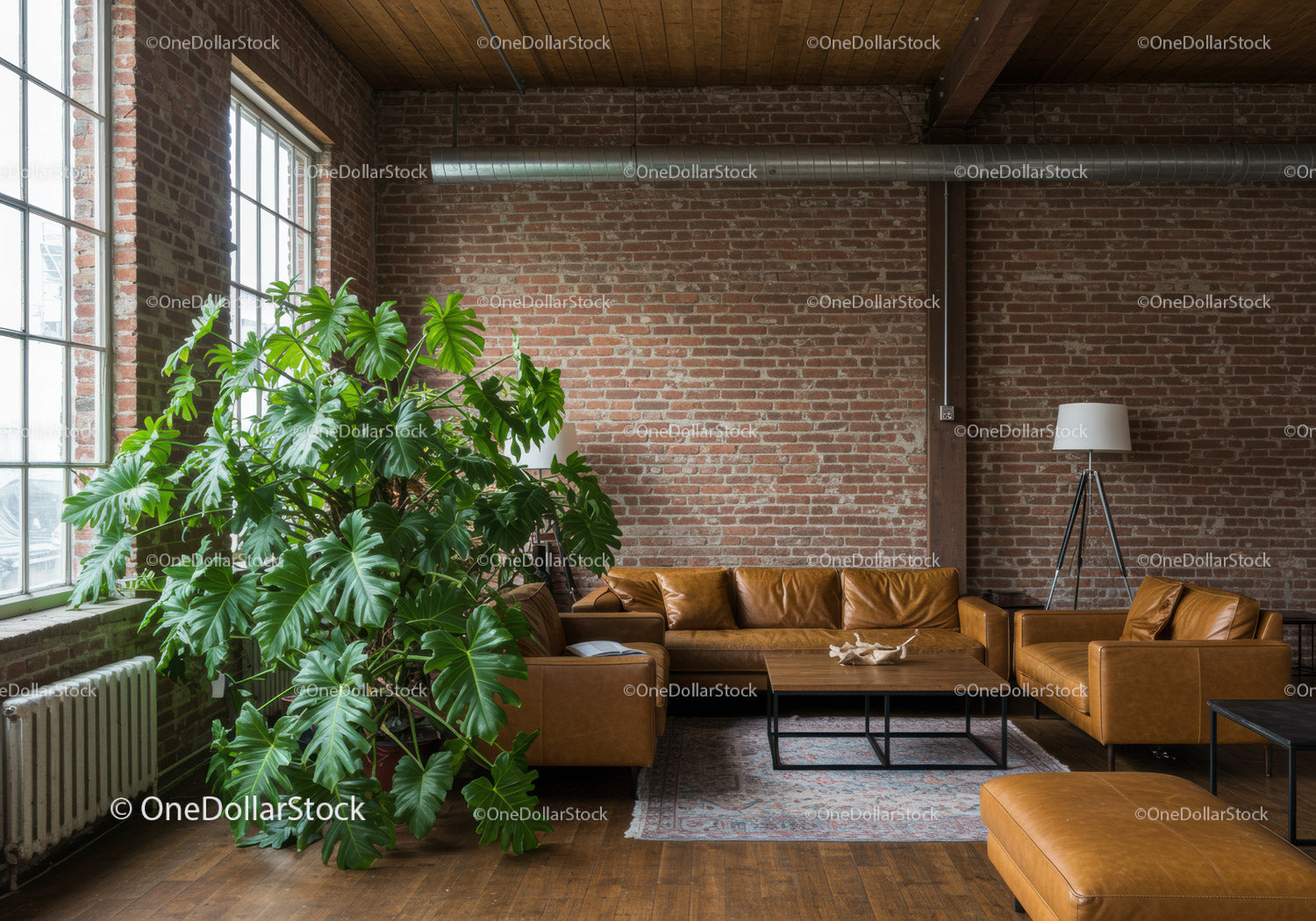 Nowoczesny salon w stylu loft z dużym oknem i zieloną rośliną
