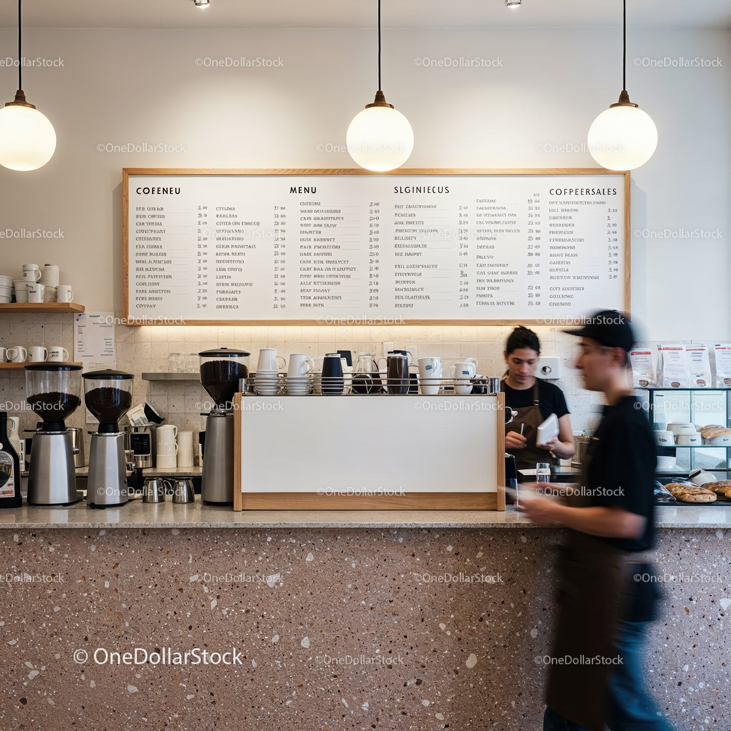 Modern cafe interior with baristas preparing orders