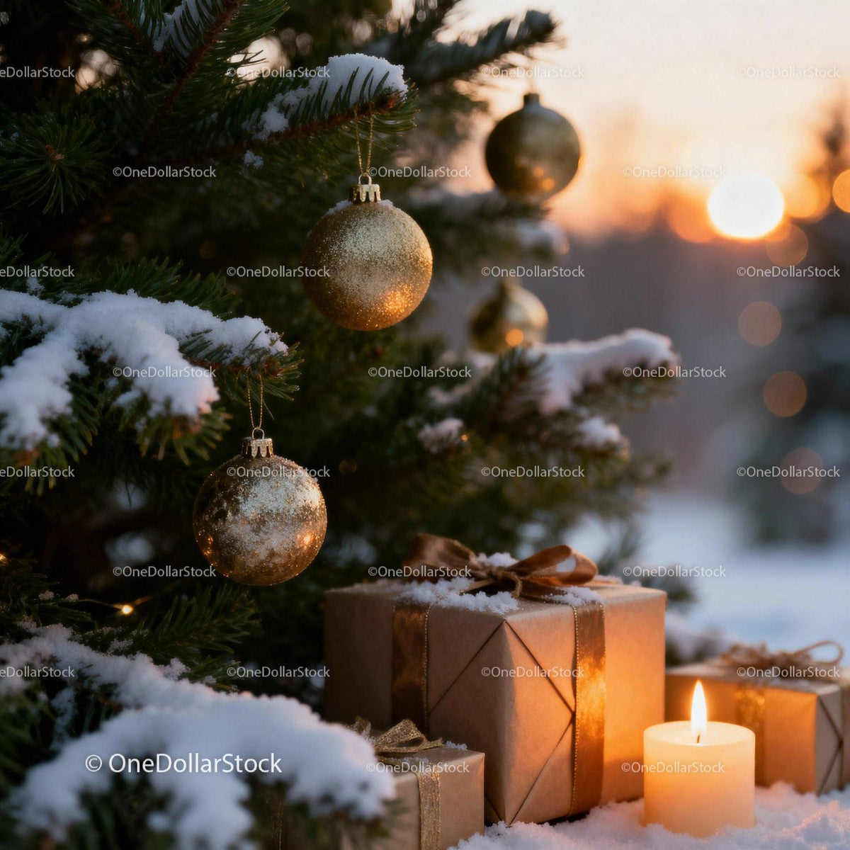 Winter Christmas tree with golden baubles and gifts