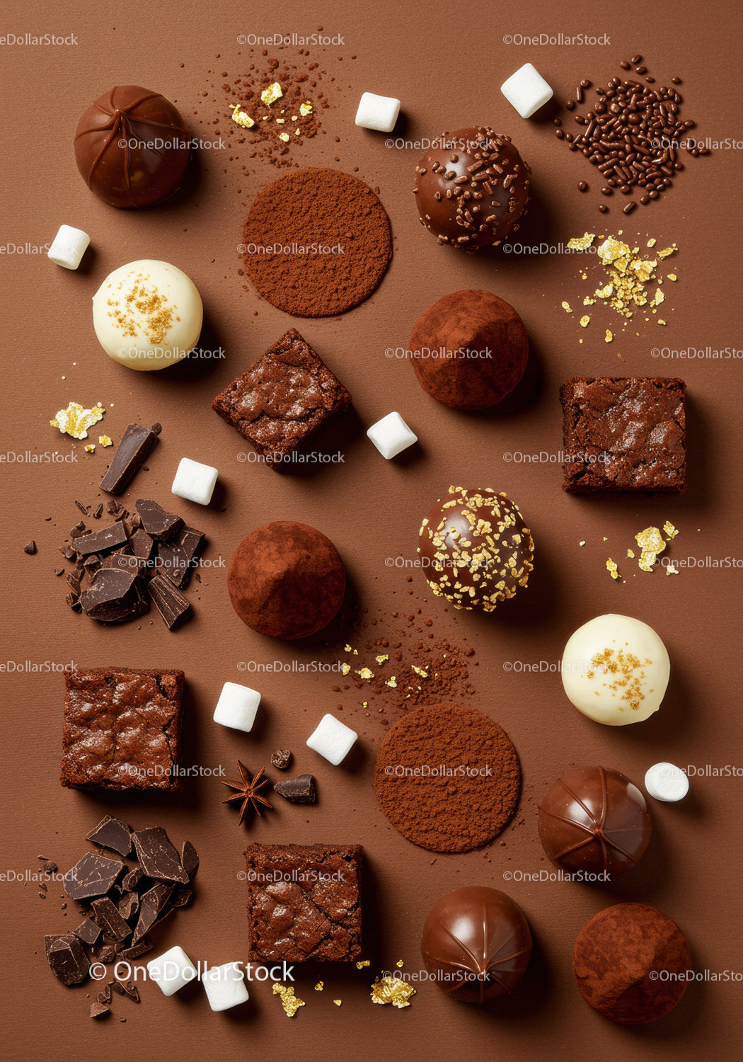 Variety of homemade chocolate truffles and brownies on brown