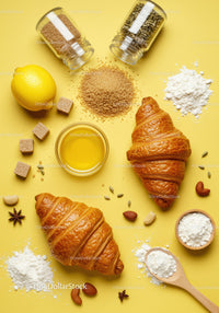 Freshly baked croissants with baking ingredients on yellow
