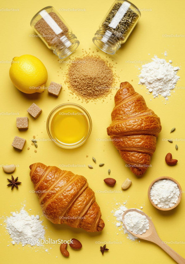 Freshly baked croissants with baking ingredients on yellow