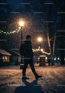 Man walking through softly lit snowy winter evening
