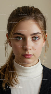 Young Woman with Bright Blue Eyes and Natural Makeup Close-Up Portrait