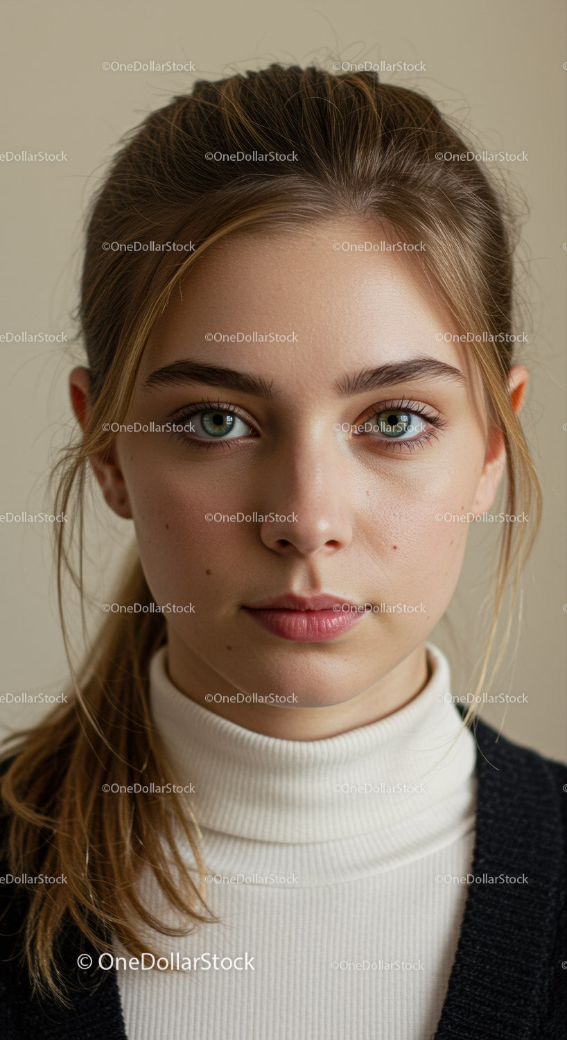 Młoda kobieta z jasnoniebieskimi oczami i naturalnym makijażem. Portret z bliska.