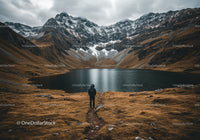 Mountain Landscape with Lake and Hiker in Autumn Scenery