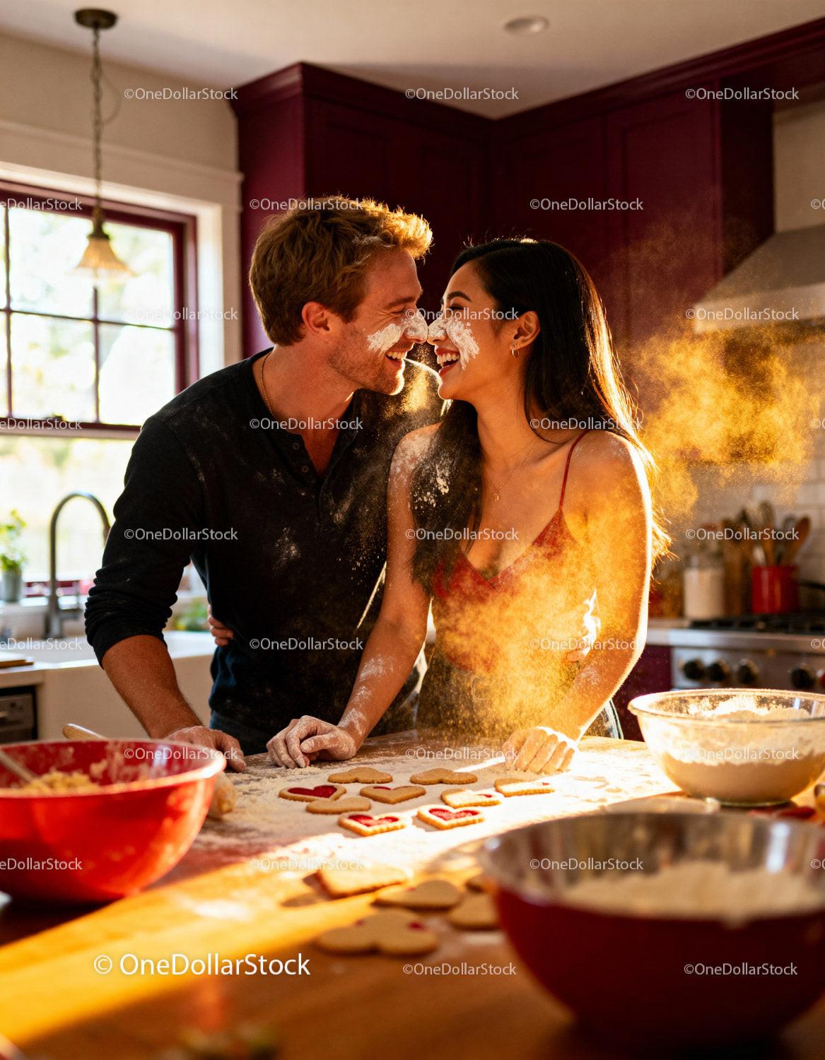 Couple Baking Heart-Shaped Cookies in a Cozy Kitchen