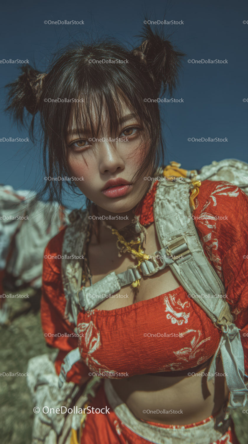 Vibrant Fashion Portrait of a Young Woman with Edgy Style Outdoors