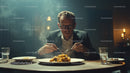 Businessman Having Dinner with Serious Expression in Modern Restaurant