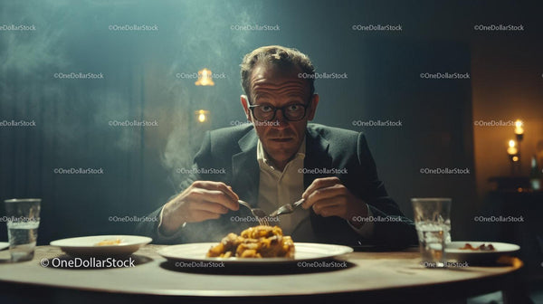 Man Eating Pasta in Dimly Lit Restaurant