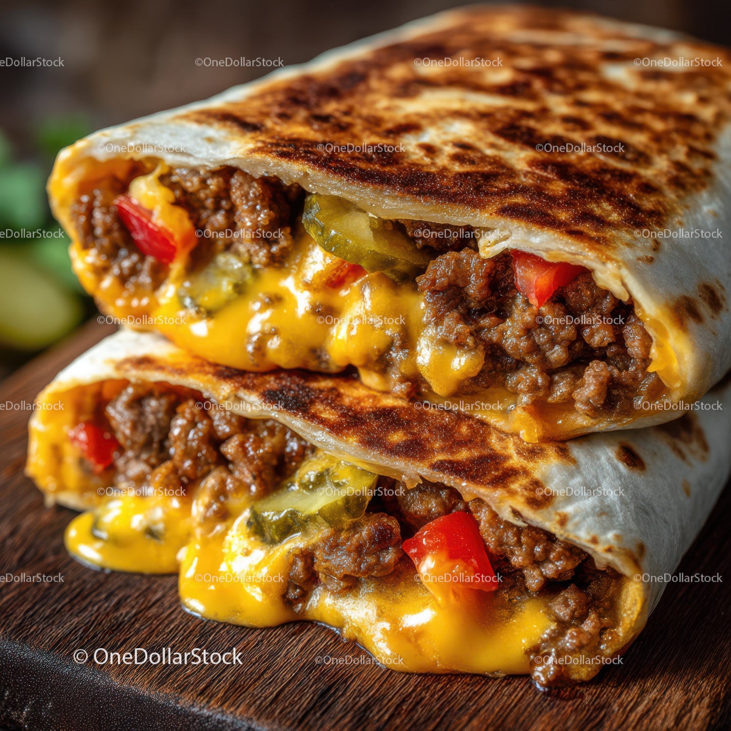 Cheesy Beef Tacos with Vegetables in Crispy Tortilla Wrap