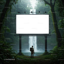 Traveler Standing Before Blank Billboard in Lush Jungle