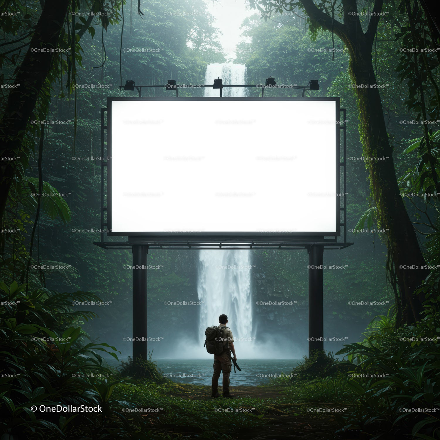 Traveler Standing Before Blank Billboard in Lush Jungle